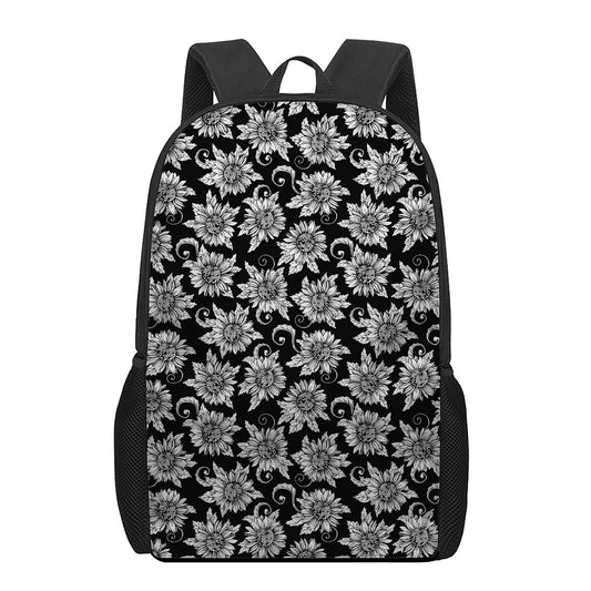 Black And White Vintage Sunflower Print 17 Inch Backpack