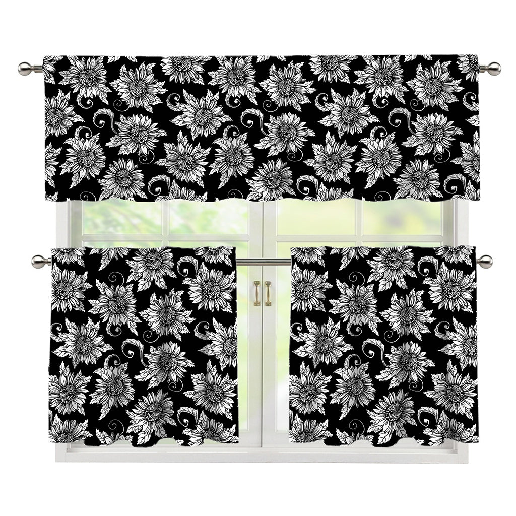 Black And White Vintage Sunflower Print 3 Piece Kitchen Curtains