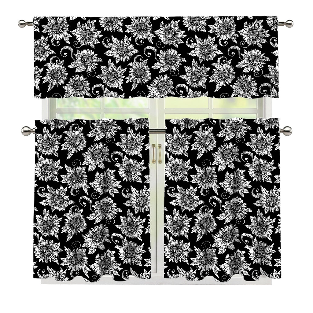 Black And White Vintage Sunflower Print 3 Piece Kitchen Curtains