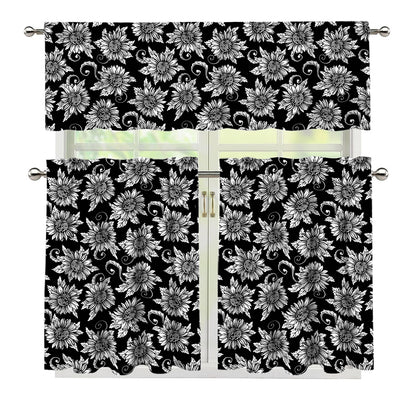 Black And White Vintage Sunflower Print 3 Piece Kitchen Curtains