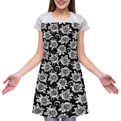 Black And White Vintage Sunflower Print Adjustable Apron