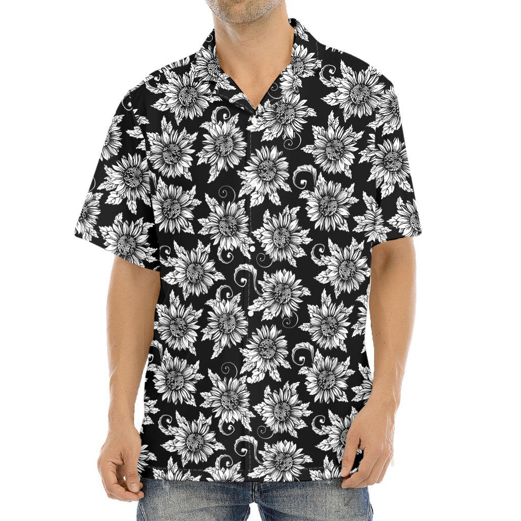 Black And White Vintage Sunflower Print Aloha Shirt