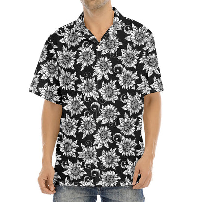 Black And White Vintage Sunflower Print Aloha Shirt