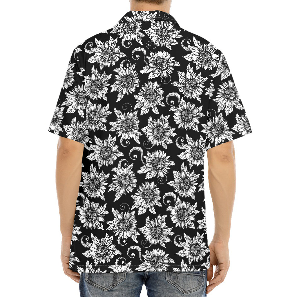 Black And White Vintage Sunflower Print Aloha Shirt