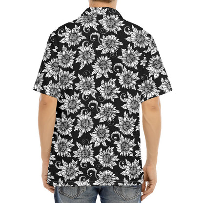 Black And White Vintage Sunflower Print Aloha Shirt