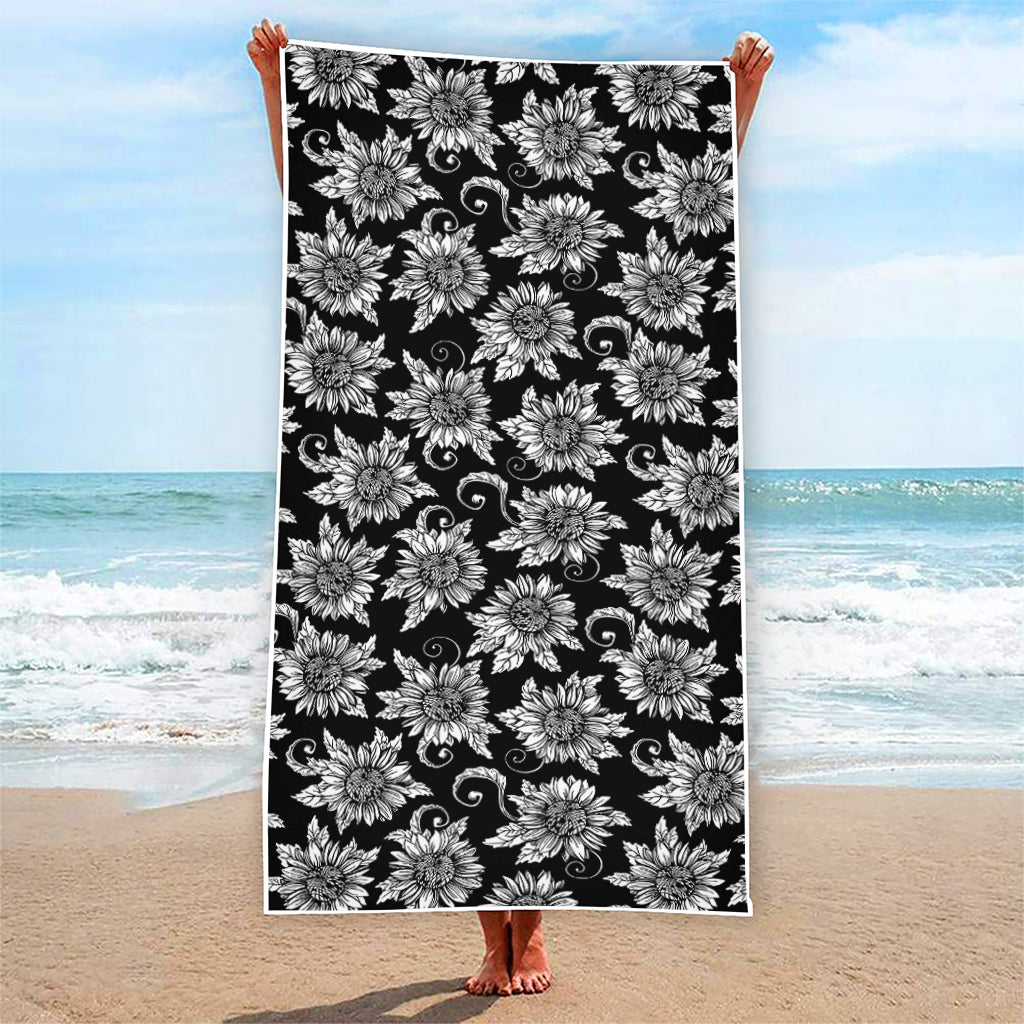 Black And White Vintage Sunflower Print Beach Towel