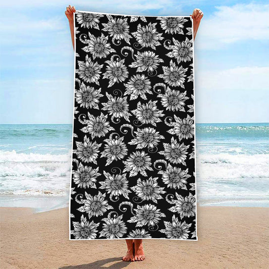 Black And White Vintage Sunflower Print Beach Towel
