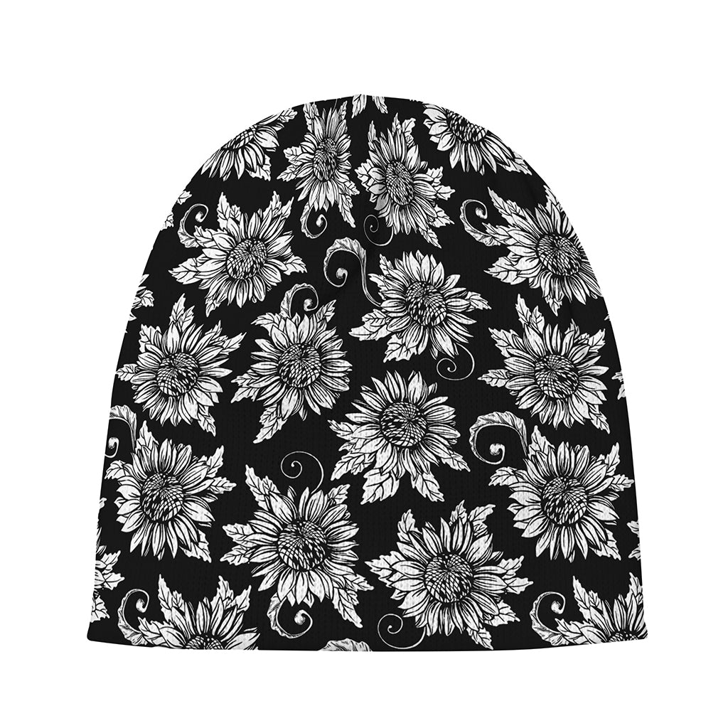 Black And White Vintage Sunflower Print Beanie