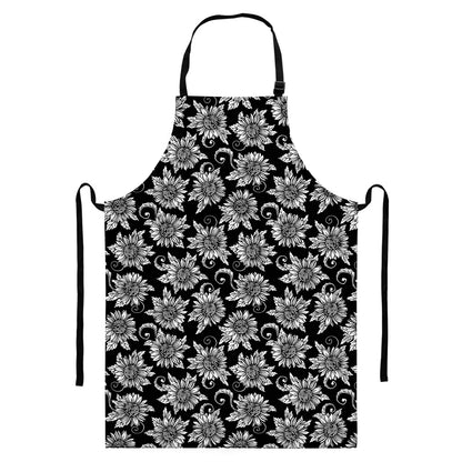 Black And White Vintage Sunflower Print Bib Apron With Pocket