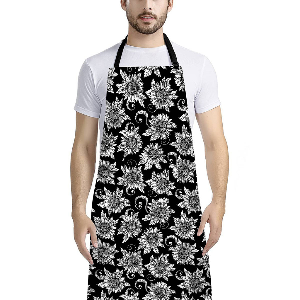 Black And White Vintage Sunflower Print Bib Apron With Pocket