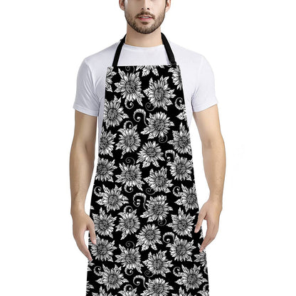 Black And White Vintage Sunflower Print Bib Apron With Pocket