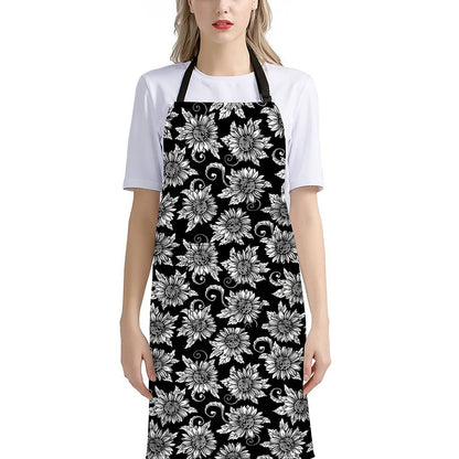 Black And White Vintage Sunflower Print Bib Apron With Pocket