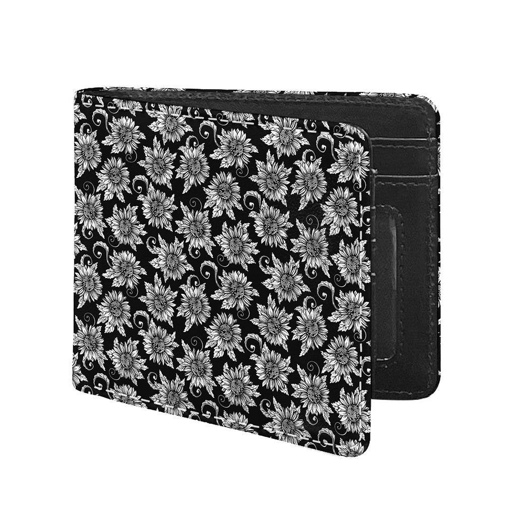 Black And White Vintage Sunflower Print Bifold Wallet
