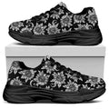 Black And White Vintage Sunflower Print Black Chunky Shoes