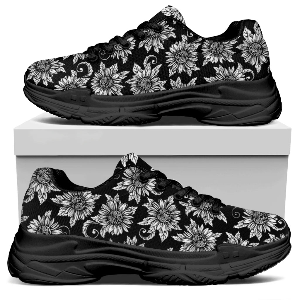 Black And White Vintage Sunflower Print Black Chunky Shoes