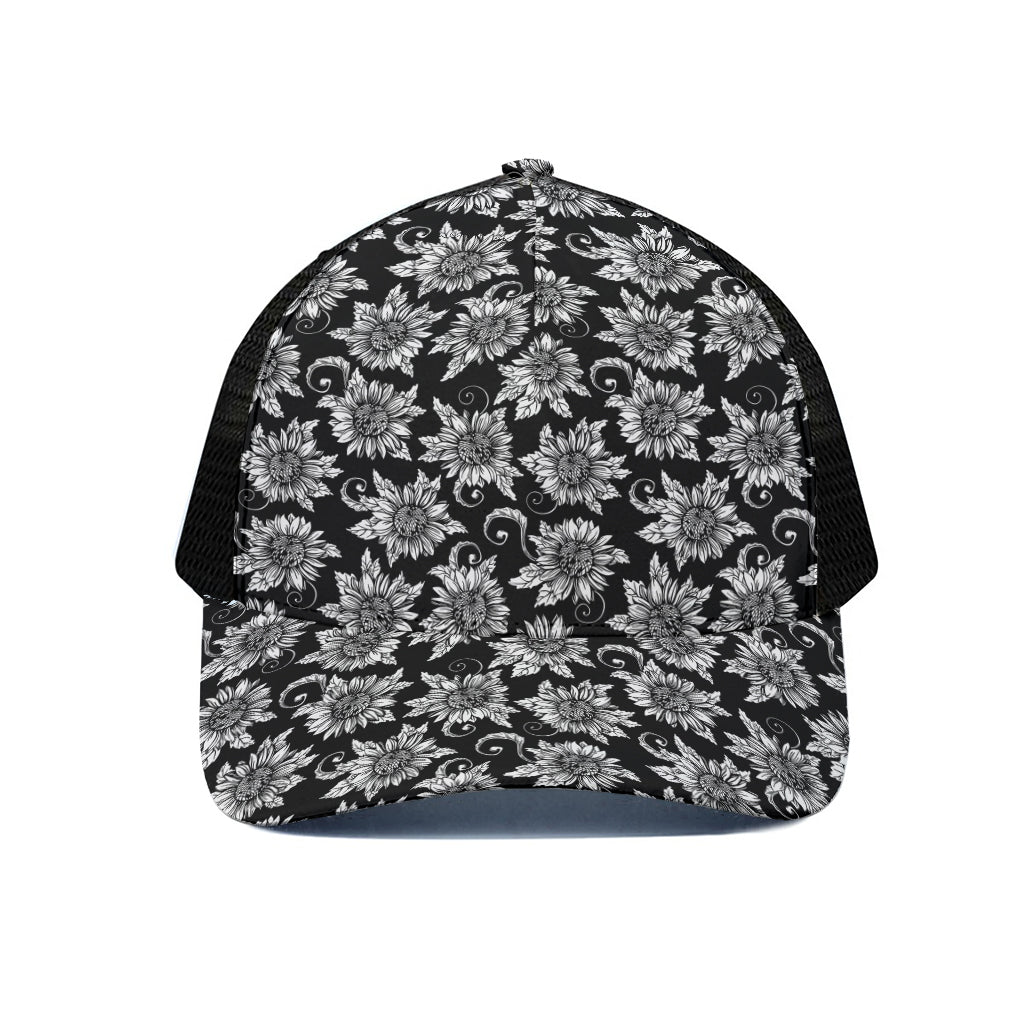 Black And White Vintage Sunflower Print Black Mesh Trucker Cap