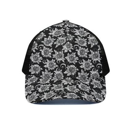 Black And White Vintage Sunflower Print Black Mesh Trucker Cap
