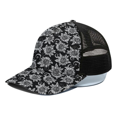 Black And White Vintage Sunflower Print Black Mesh Trucker Cap