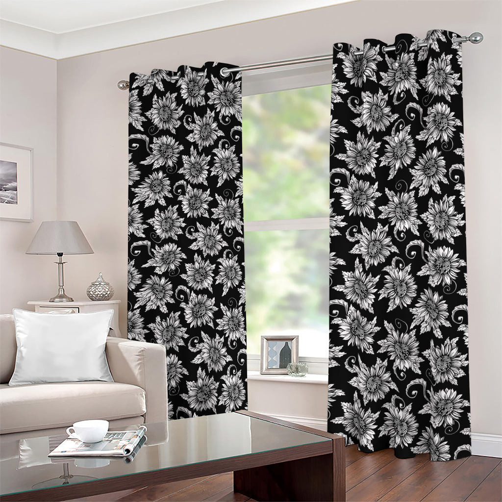 Black And White Vintage Sunflower Print Blackout Grommet Curtains