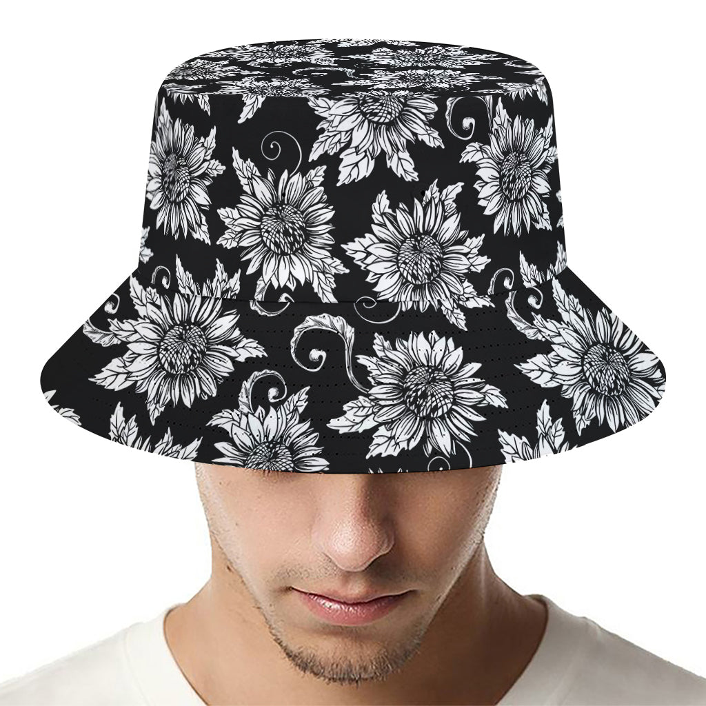 Black And White Vintage Sunflower Print Bucket Hat