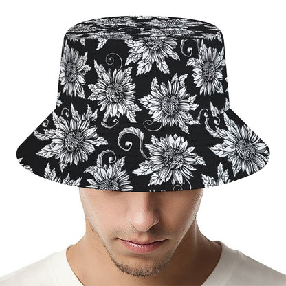 Black And White Vintage Sunflower Print Bucket Hat