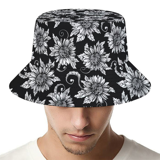 Black And White Vintage Sunflower Print Bucket Hat