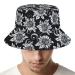 Black And White Vintage Sunflower Print Bucket Hat