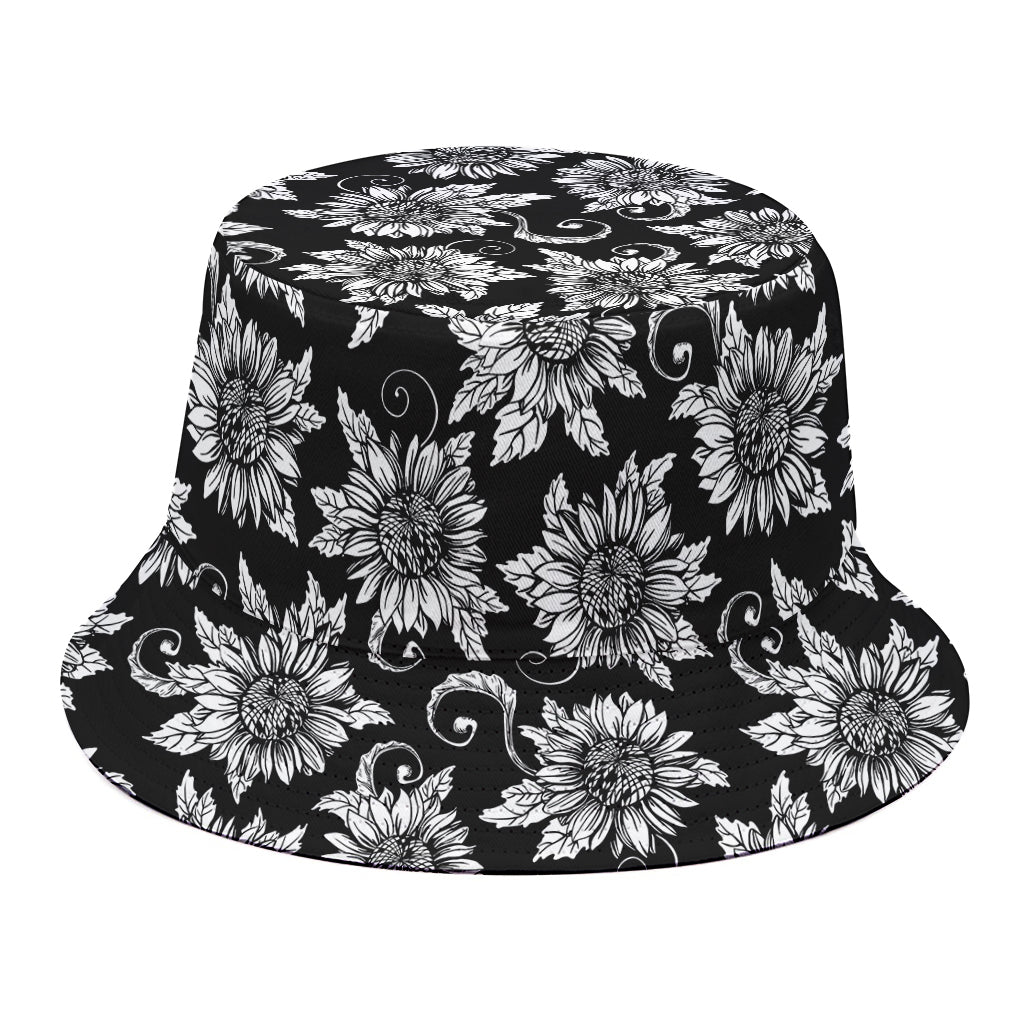 Black And White Vintage Sunflower Print Bucket Hat