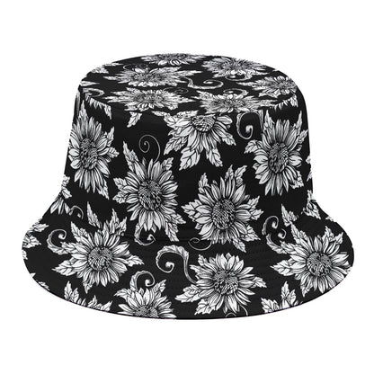 Black And White Vintage Sunflower Print Bucket Hat