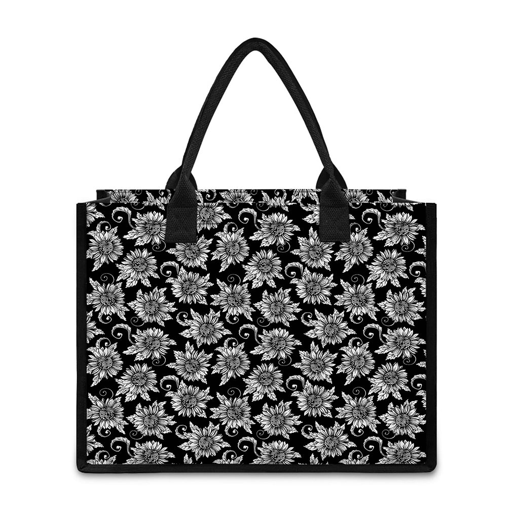 Black And White Vintage Sunflower Print Canvas Tote Bag
