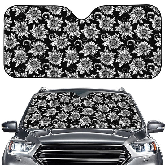 Black And White Vintage Sunflower Print Car Windshield Sun Shade