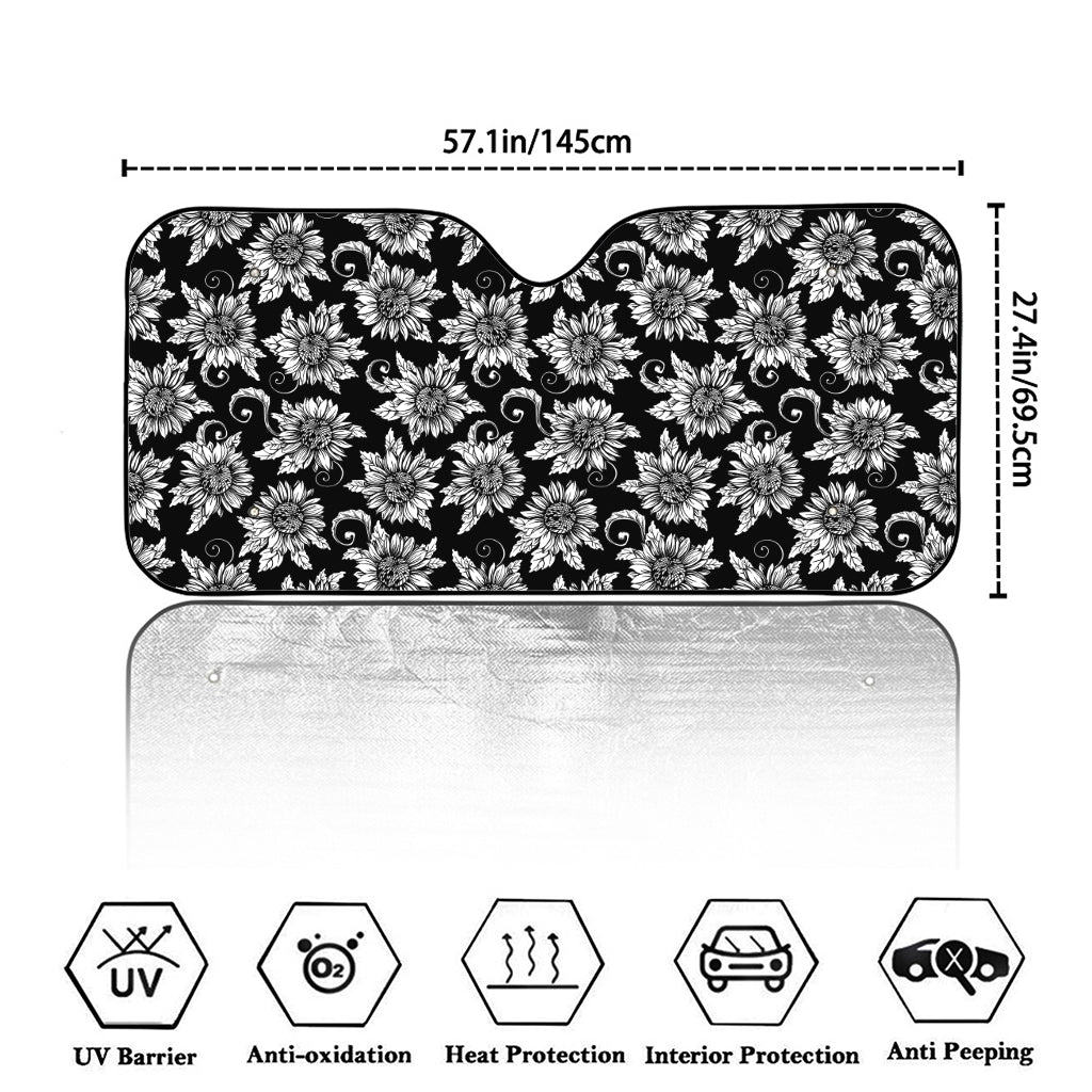 Black And White Vintage Sunflower Print Car Windshield Sun Shade