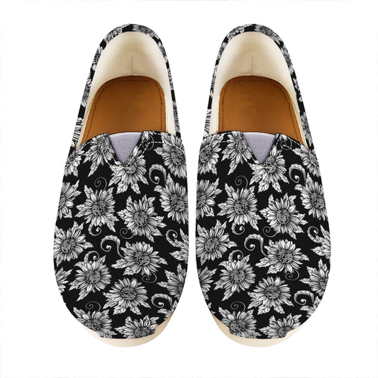 Black And White Vintage Sunflower Print Casual Shoes