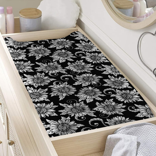 Black And White Vintage Sunflower Print Changing Pad Cover