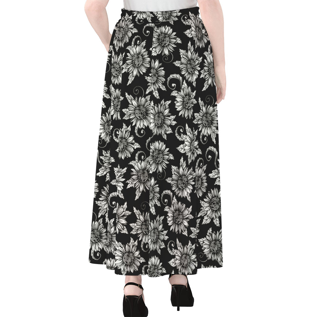 Black And White Vintage Sunflower Print Chiffon Maxi Skirt