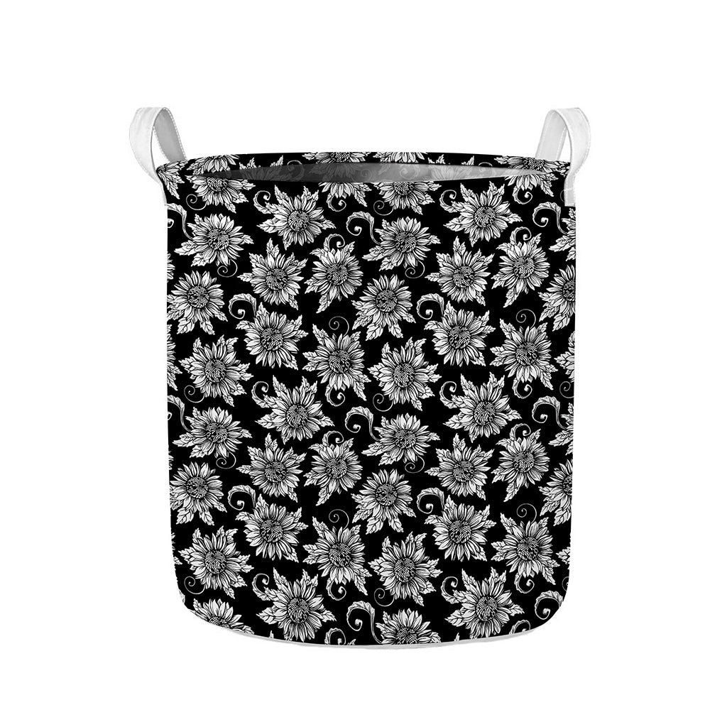 Black And White Vintage Sunflower Print Collapsible Laundry Basket