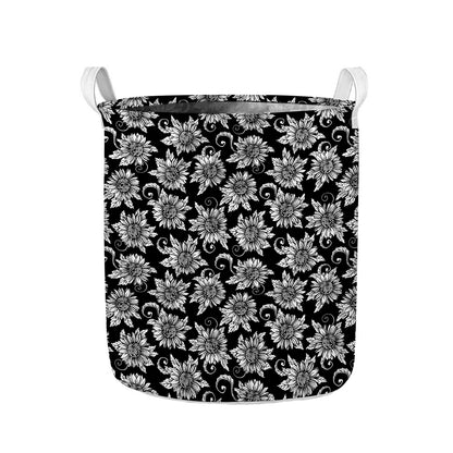 Black And White Vintage Sunflower Print Collapsible Laundry Basket
