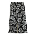 Black And White Vintage Sunflower Print Cotton Front Slit Maxi Skirt