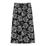 Black And White Vintage Sunflower Print Cotton Front Slit Maxi Skirt