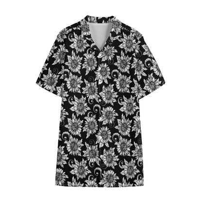 Black And White Vintage Sunflower Print Cotton Hawaiian Shirt