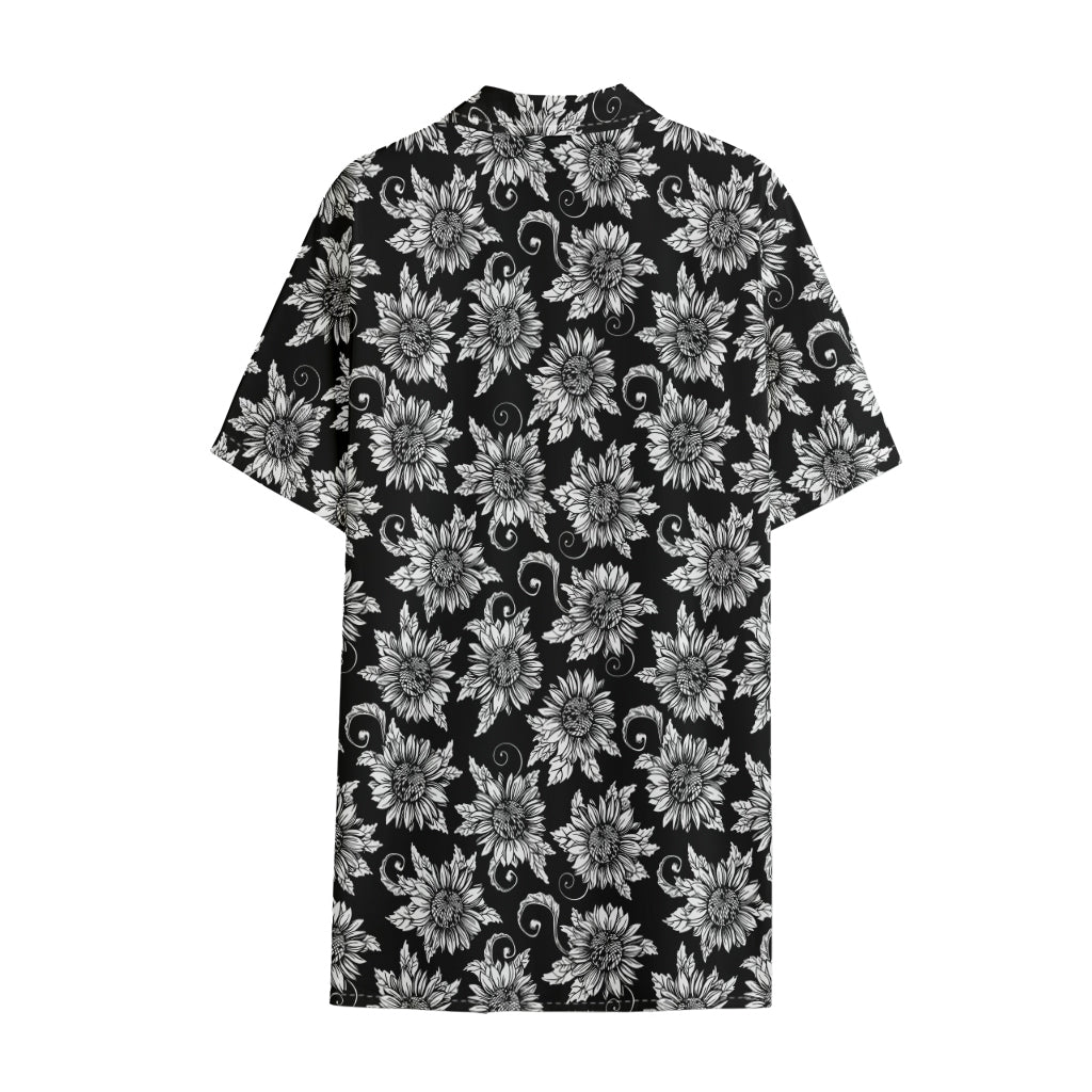 Black And White Vintage Sunflower Print Cotton Hawaiian Shirt