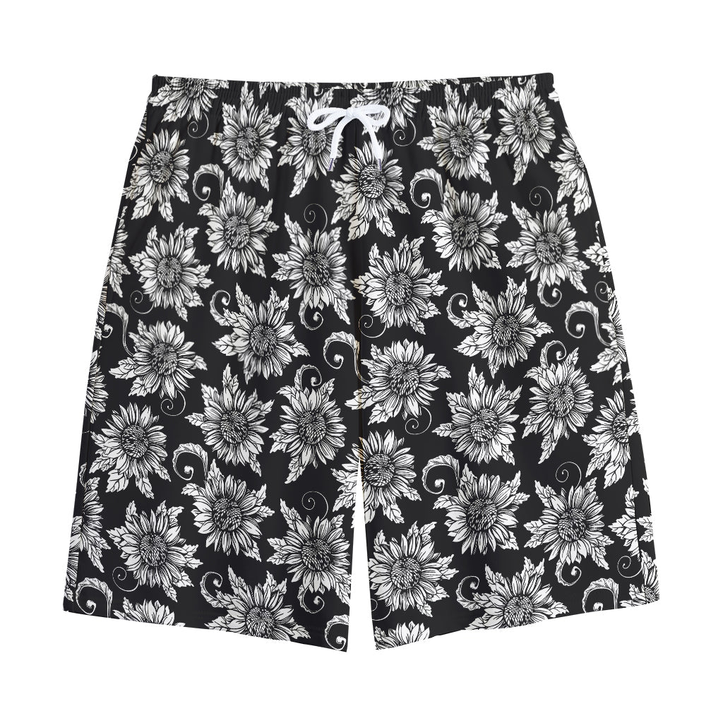 Black And White Vintage Sunflower Print Cotton Shorts