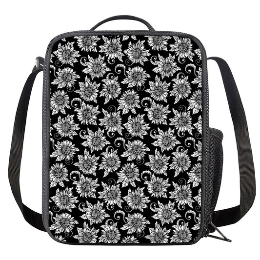 Black And White Vintage Sunflower Print Crossbody Lunch Bag