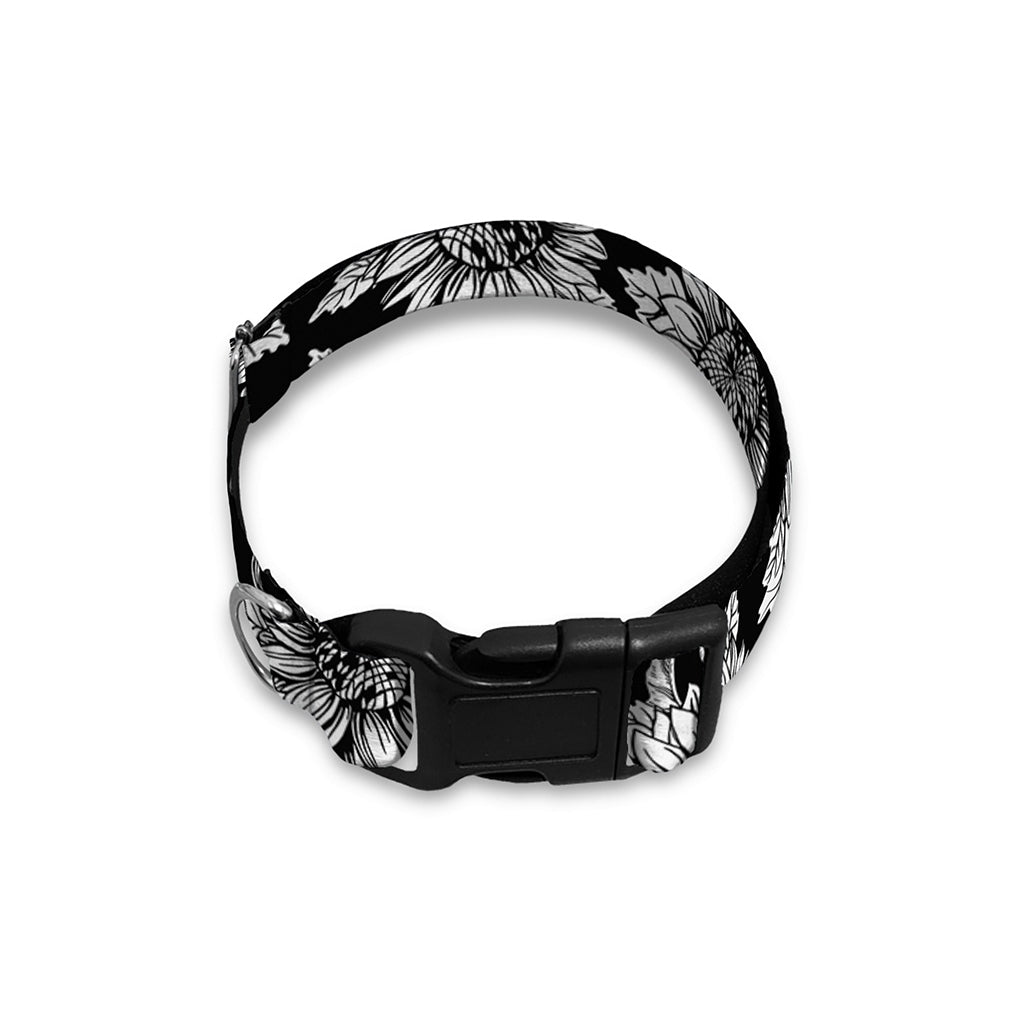 Black And White Vintage Sunflower Print Dog Collar