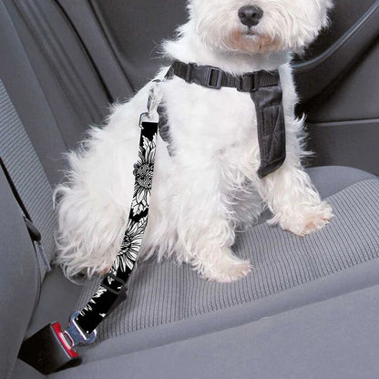 Black And White Vintage Sunflower Print Dog Seat Belt