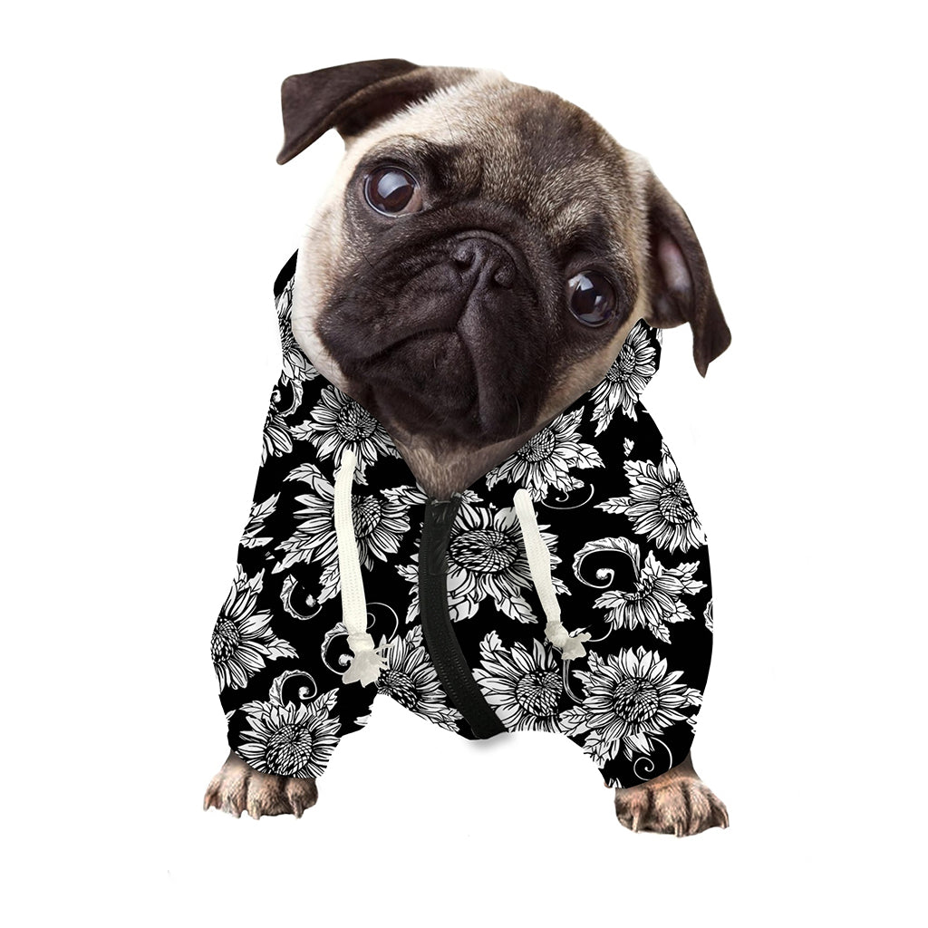 Black And White Vintage Sunflower Print Dog Zip Up Hoodie