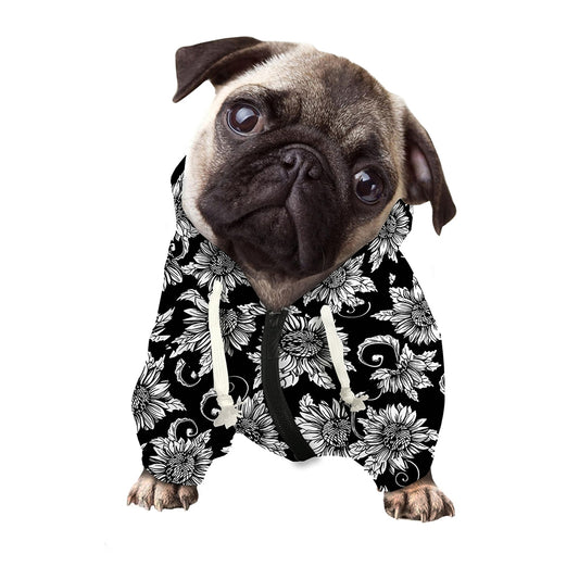 Black And White Vintage Sunflower Print Dog Zip Up Hoodie