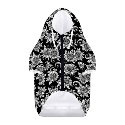 Black And White Vintage Sunflower Print Dog Zip Up Hoodie