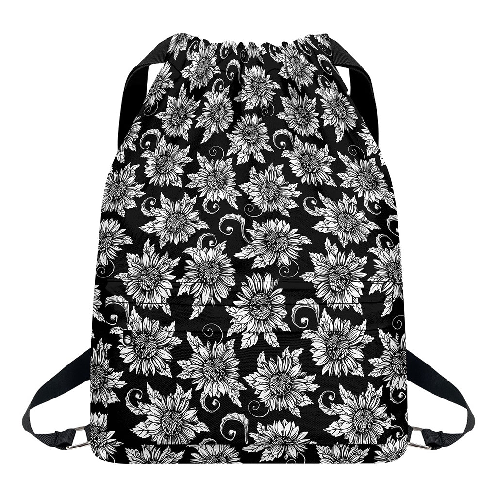 Black And White Vintage Sunflower Print Drawstring Backpack