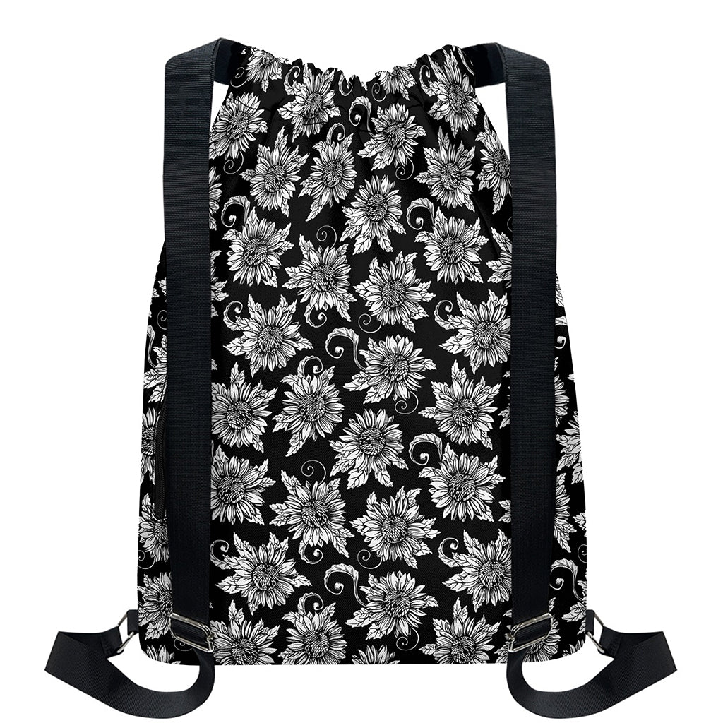 Black And White Vintage Sunflower Print Drawstring Backpack